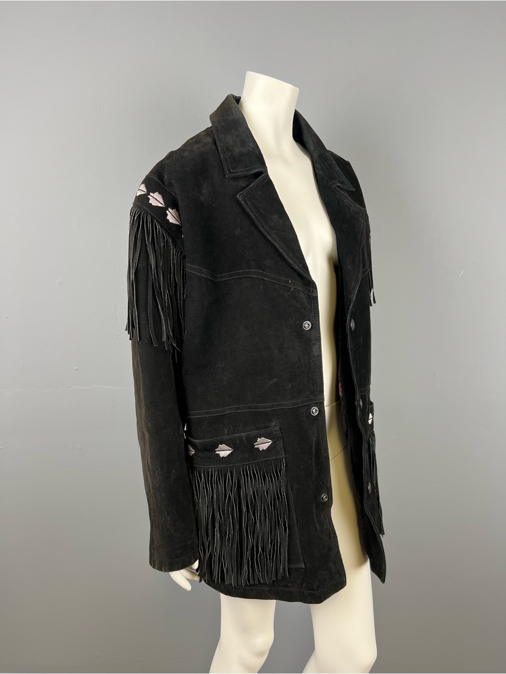 Black Suede Fringe Leather Jacket with Embroidered Accents